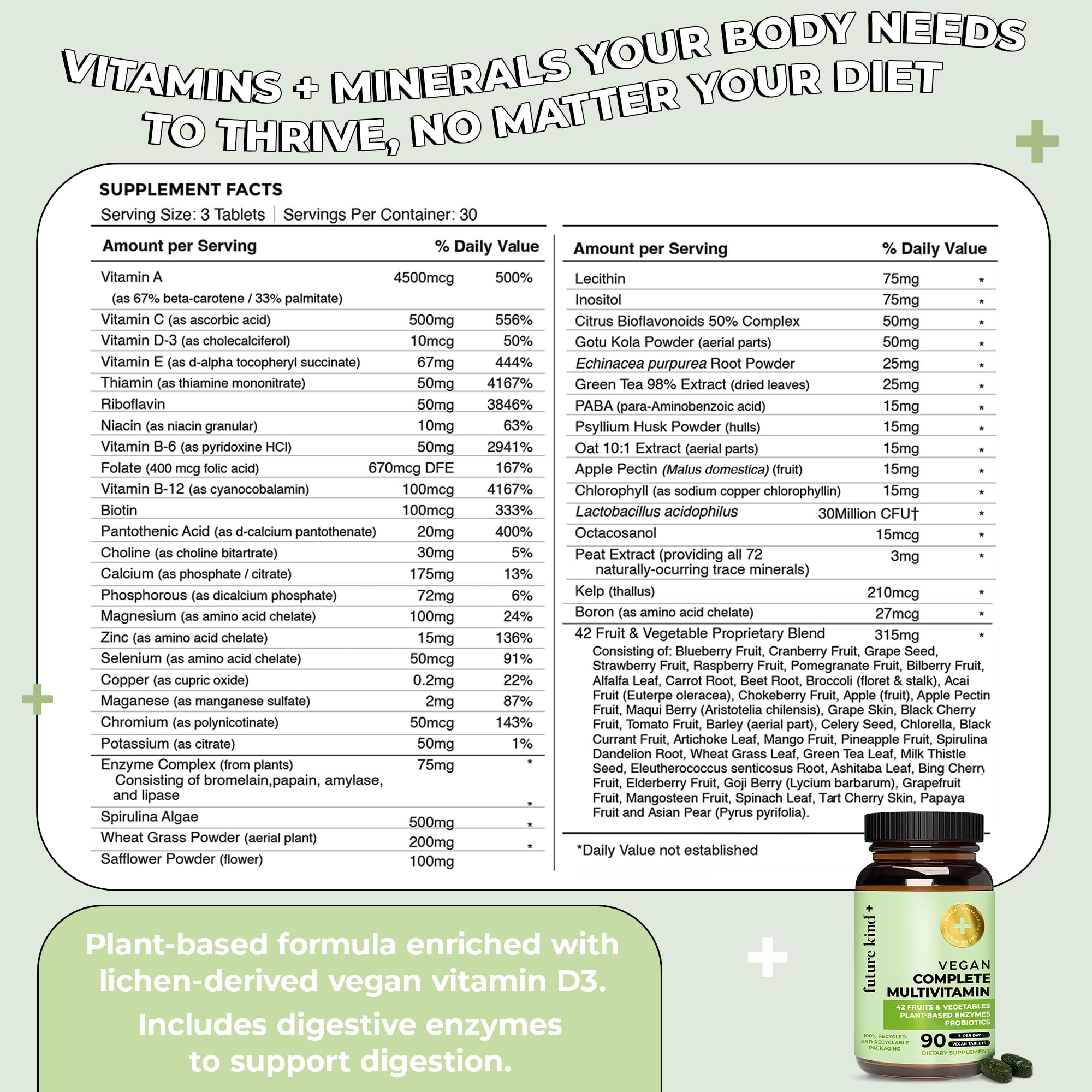 Future Kind Vegan Multivitamins Complete probiotic and enzyme blend supports digestion