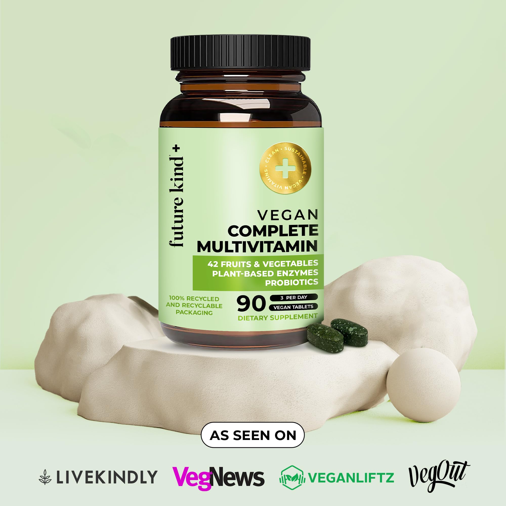 Future Kind Vegan Multivitamins Complete sustainable glass bottle highlights eco-friendly packaging