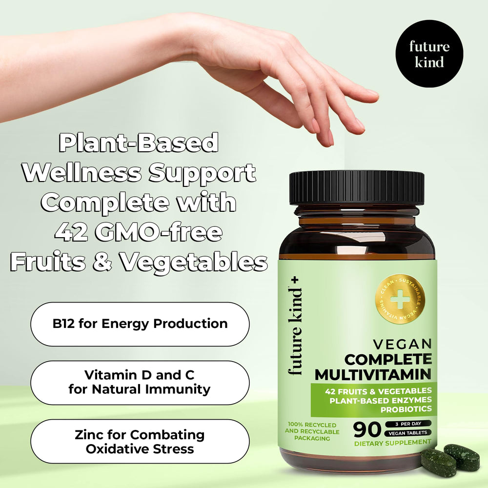 Future Kind Vegan Multivitamins Complete tablets in bottle signaling convenient daily use