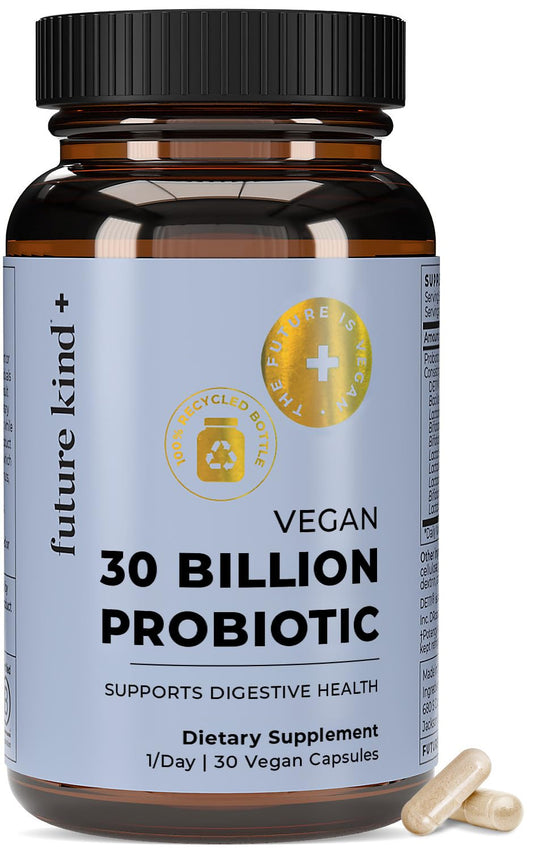 Future Kind Vegan Probiotics bottle shown for both women and men, supporting daily digestive comfort.