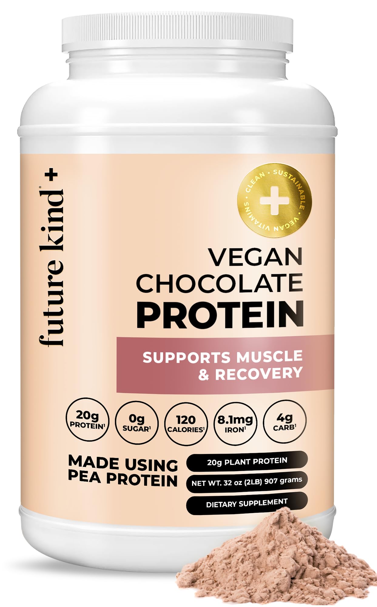 Future Kind vegan protein chocolate powder jar offers a clean protein source for lean meals.