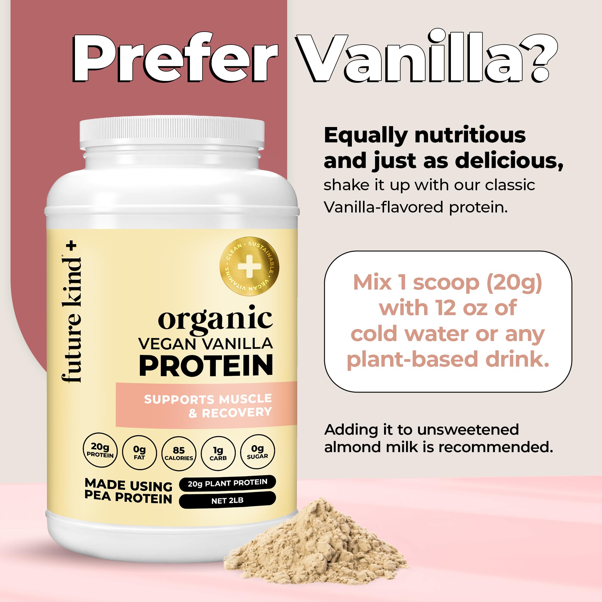 Future Kind vegan protein chocolate serving-idea for easy daily mix-ins.