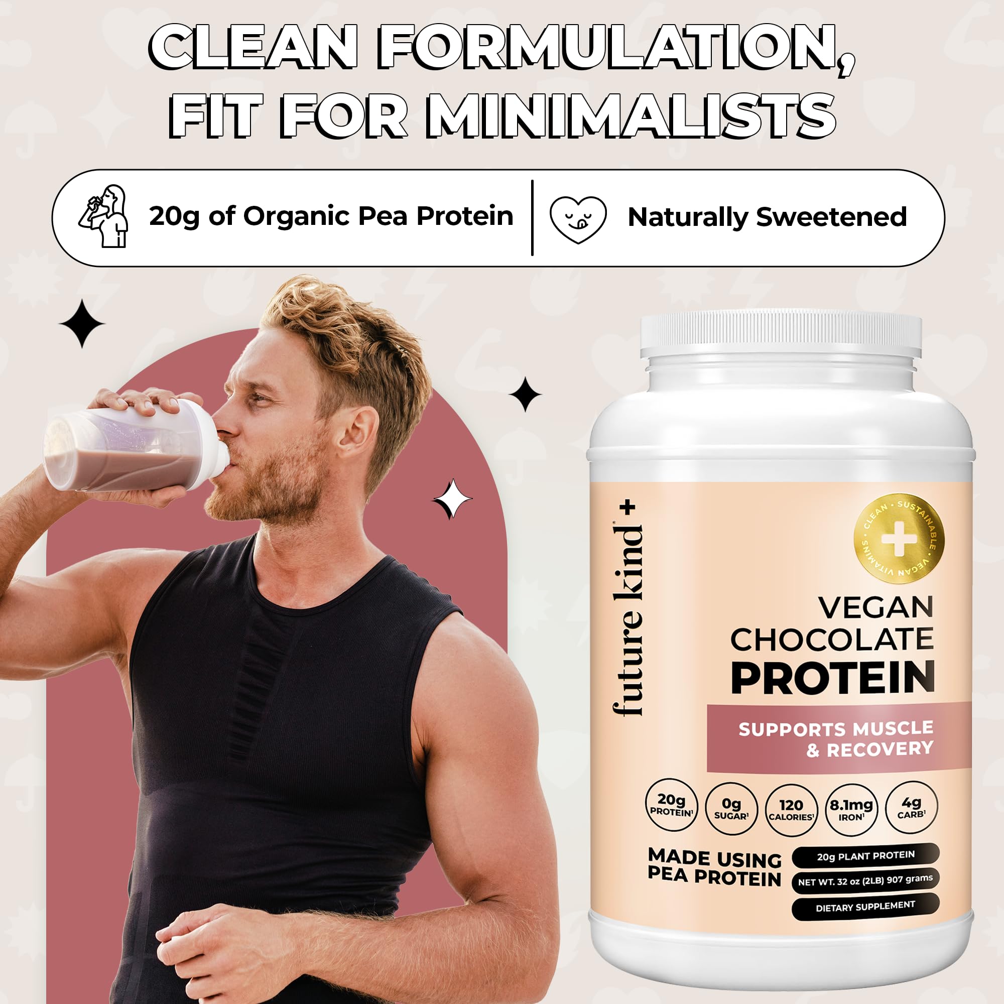 Future Kind vegan protein chocolate stevia-sweetened image emphasizes natural flavor.