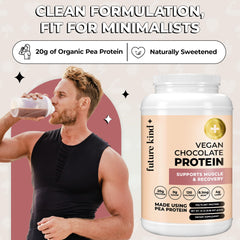 Future Kind vegan protein chocolate stevia-sweetened image emphasizes natural flavor.