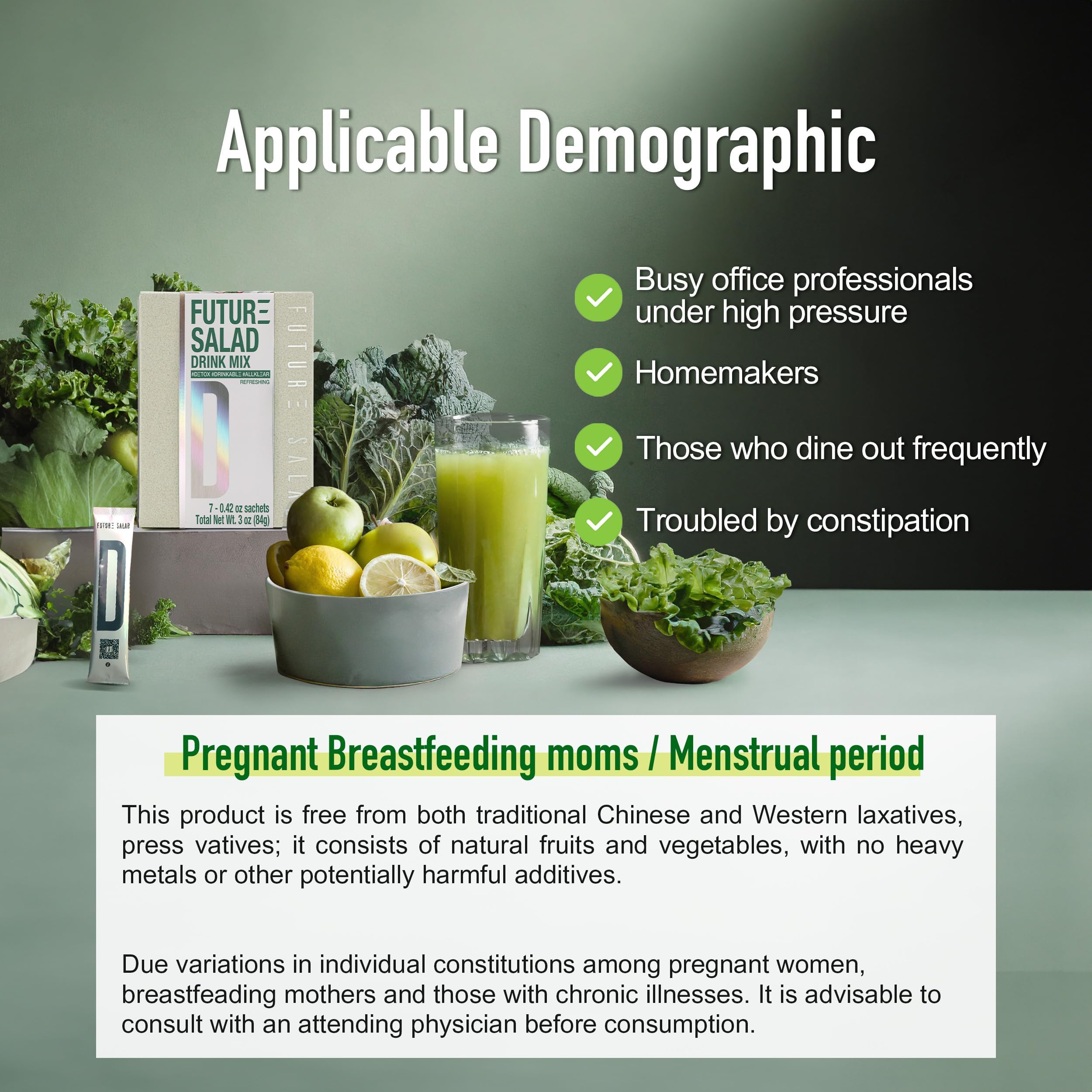 Future Salad moringa-spirulina-wheatgrass sachet, natural greens blend.