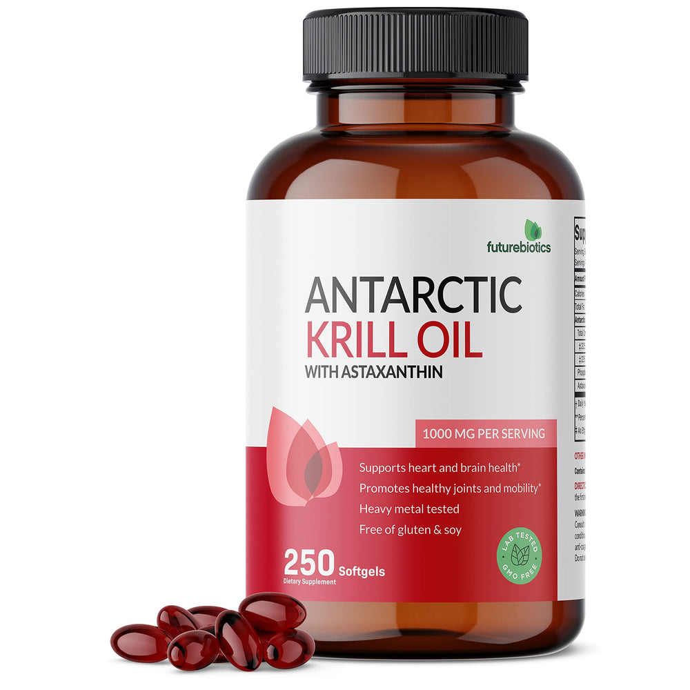 Futurebiotics Antarctic Krill Oil bottle showing omega-3 formulation for everyday wellness
