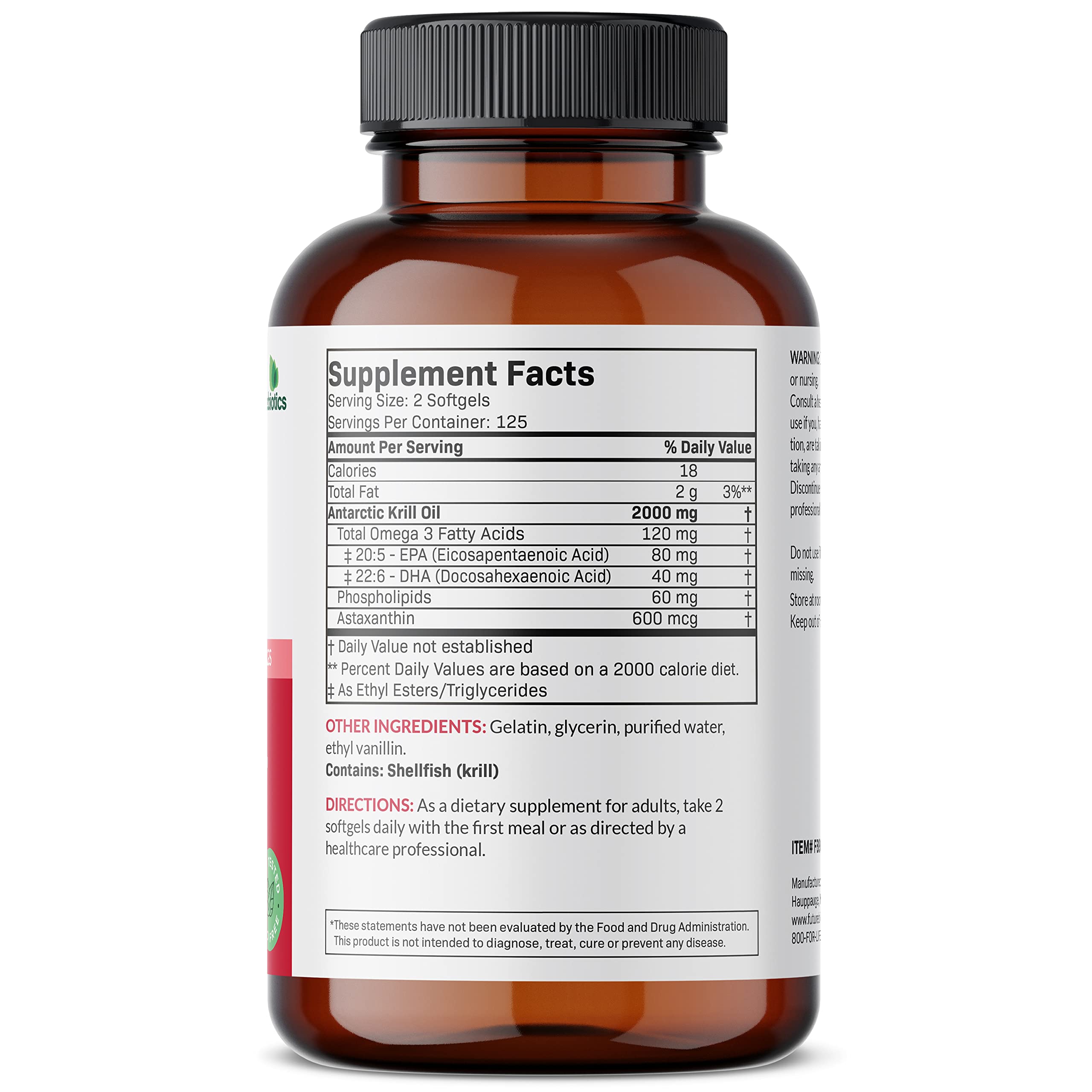 Close-up of Futurebiotics softgels highlighting krill oil content for daily use.