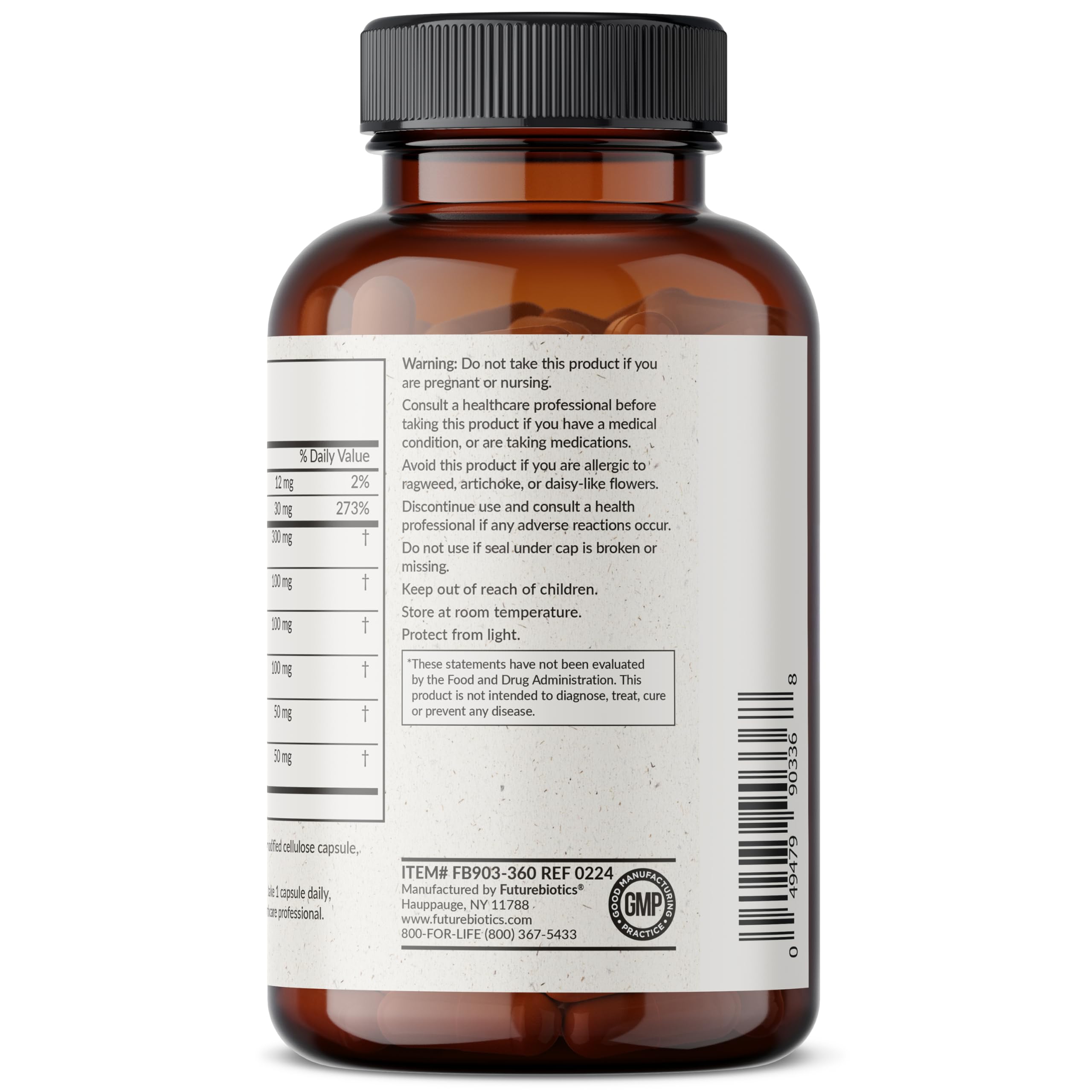 Futurebiotics Liver Detox bottle label shows Milk Thistle and Turmeric ingredients.