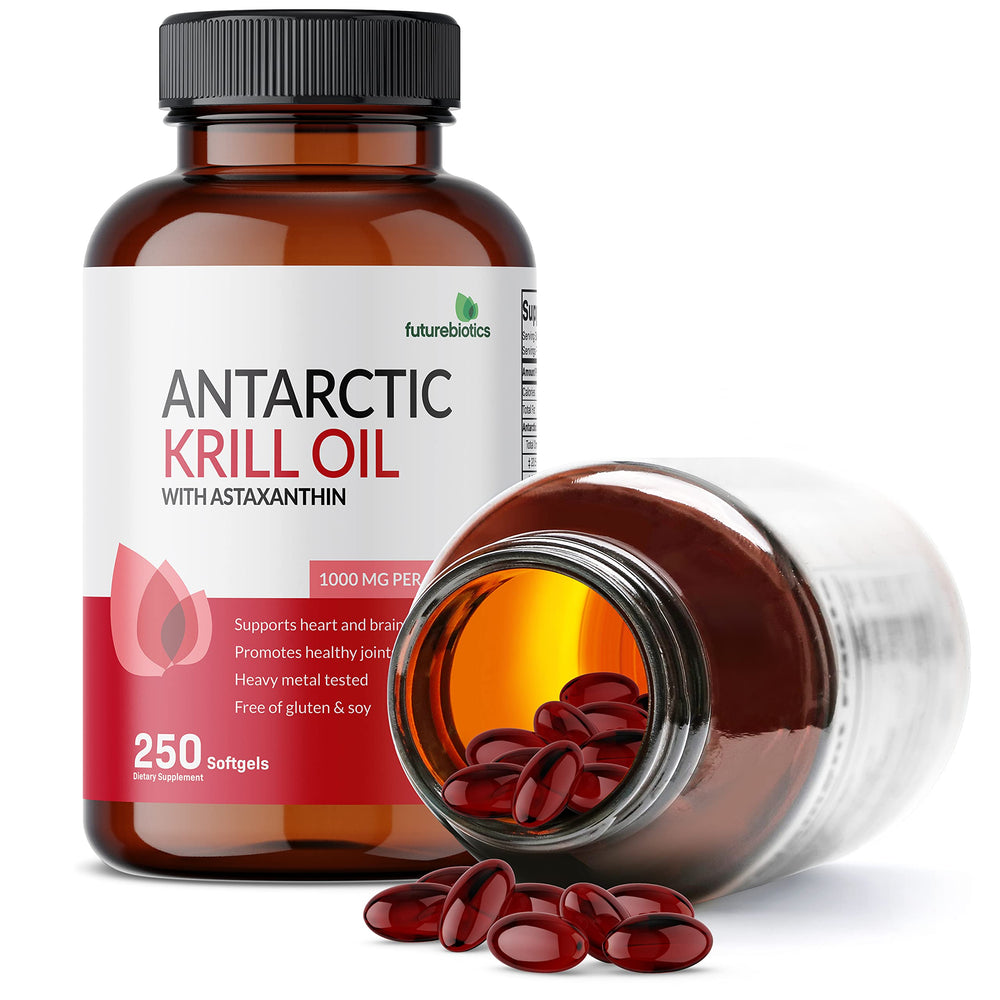 Futurebiotics Krill Oil icons for Non-GMO, Gluten-Free, Soy-Free attributes