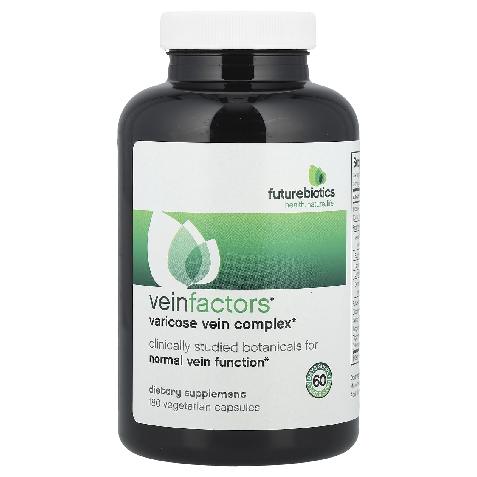 Futurebiotics VeinFactors bottle cap close-up supports easy daily supplementation.