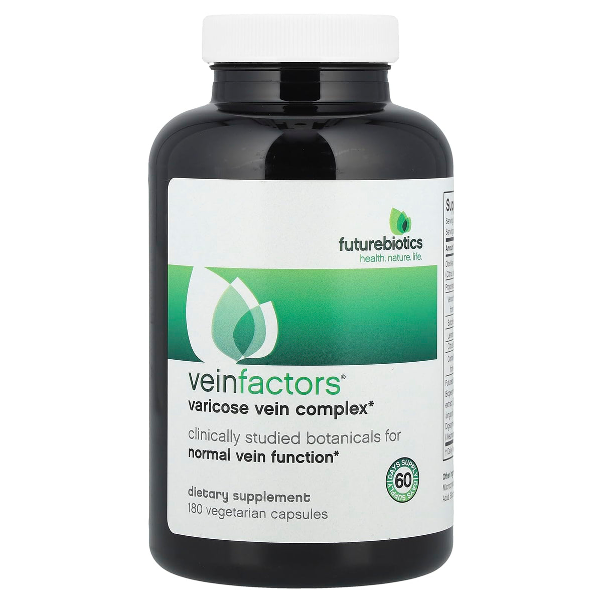 Futurebiotics VeinFactors bottle cap close-up supports easy daily supplementation.