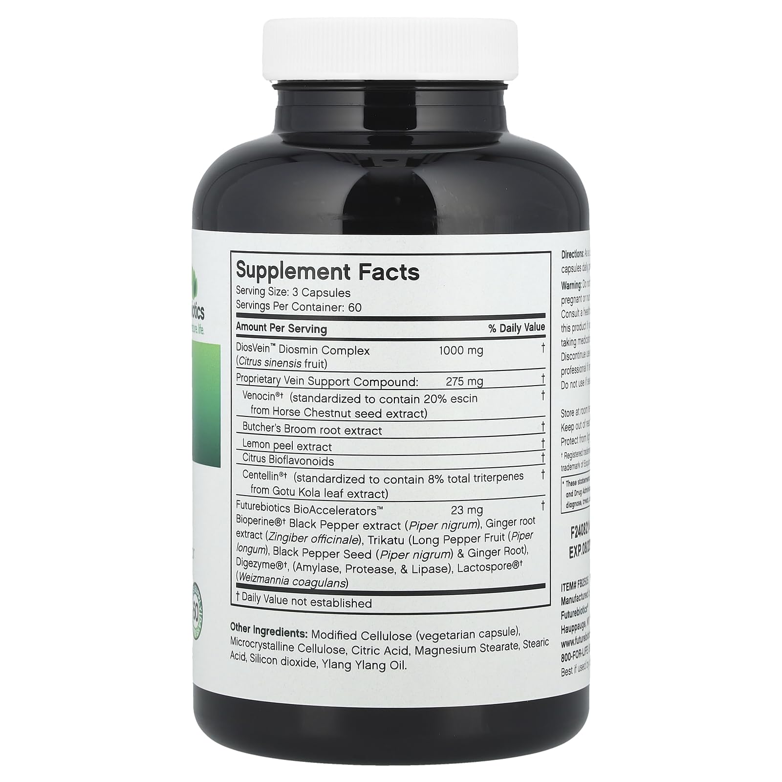 Futurebiotics VeinFactors bottle label highlights ingredient blend for absorption.