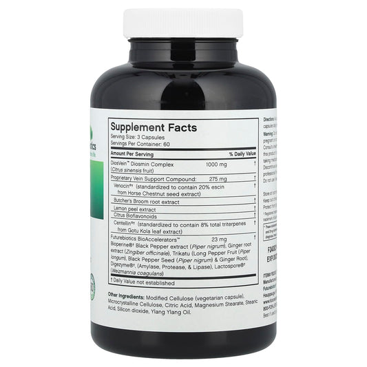Futurebiotics VeinFactors bottle label highlights ingredient blend for absorption.