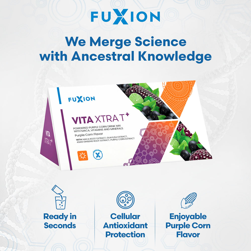 Glass with Vita Xtra T+ over ice showcasing sustained vitality.