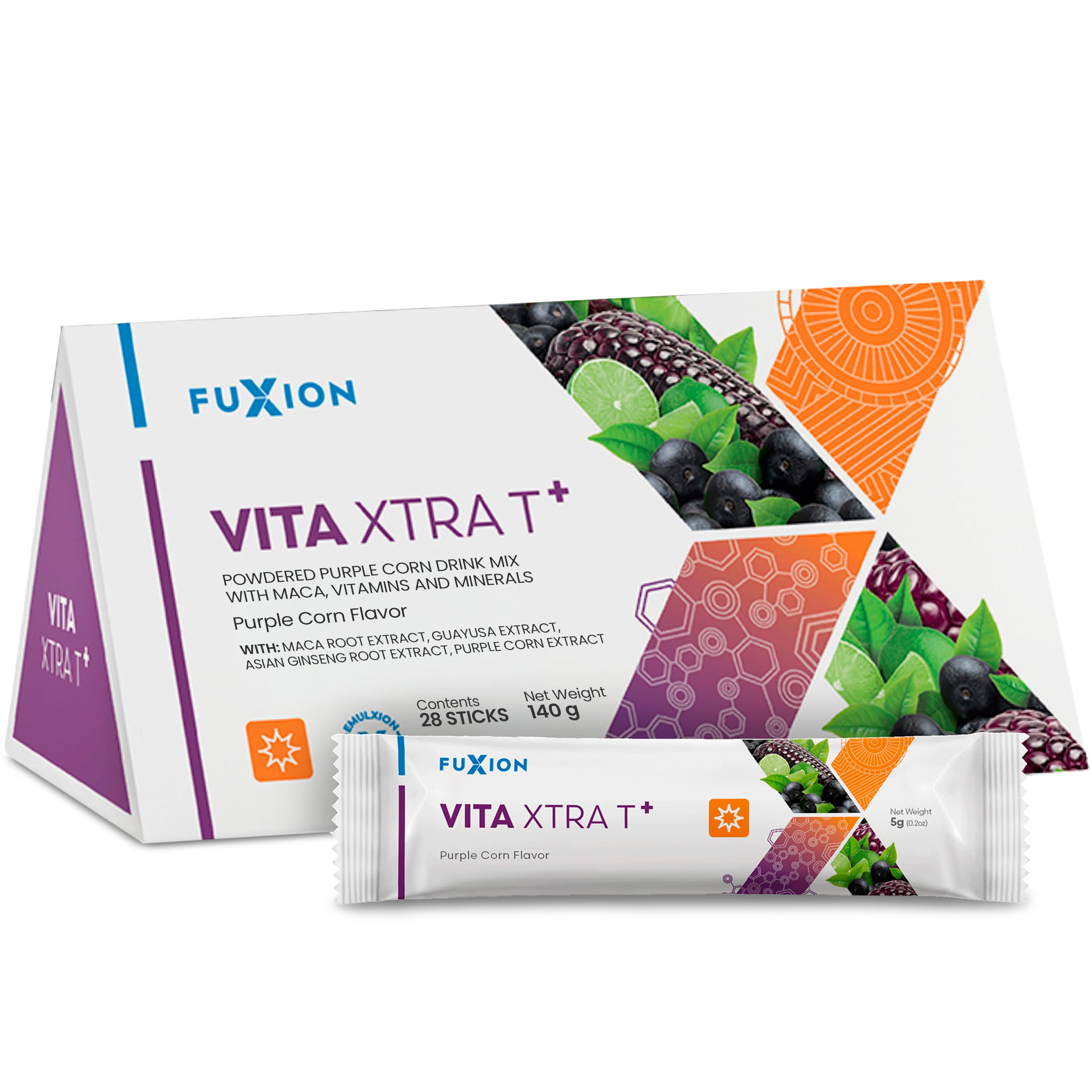 FuXion Vita Xtra T+ packaging highlighting antioxidant energy support for daily tasks.