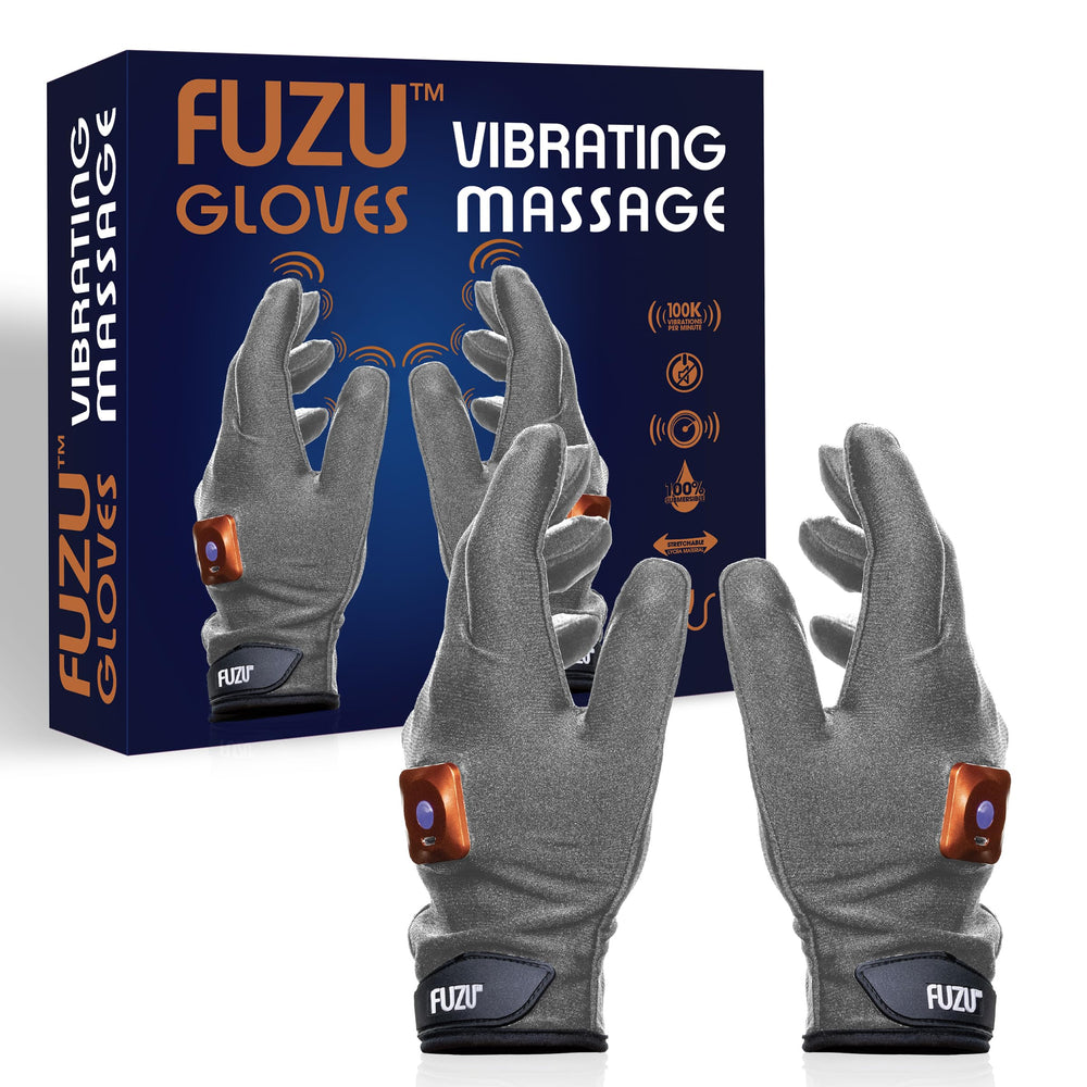 Fuzu Vibrating Massage Gloves shown in a couple massage setup for shared relaxation.