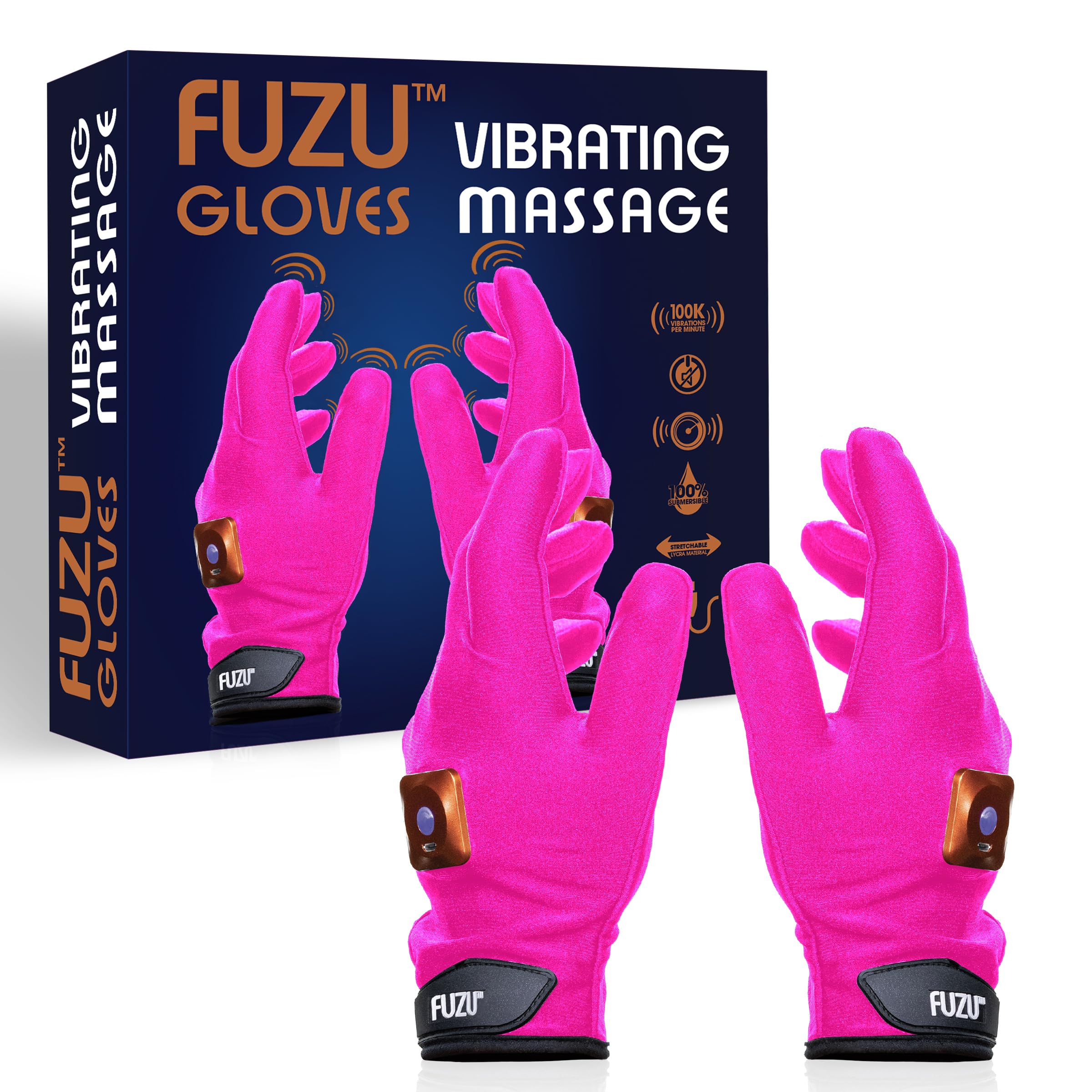 Fuzu vibrating massage gloves packshot, compact home massage tool for relaxation.