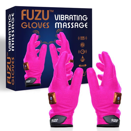 Fuzu vibrating massage gloves packshot, compact home massage tool for relaxation.