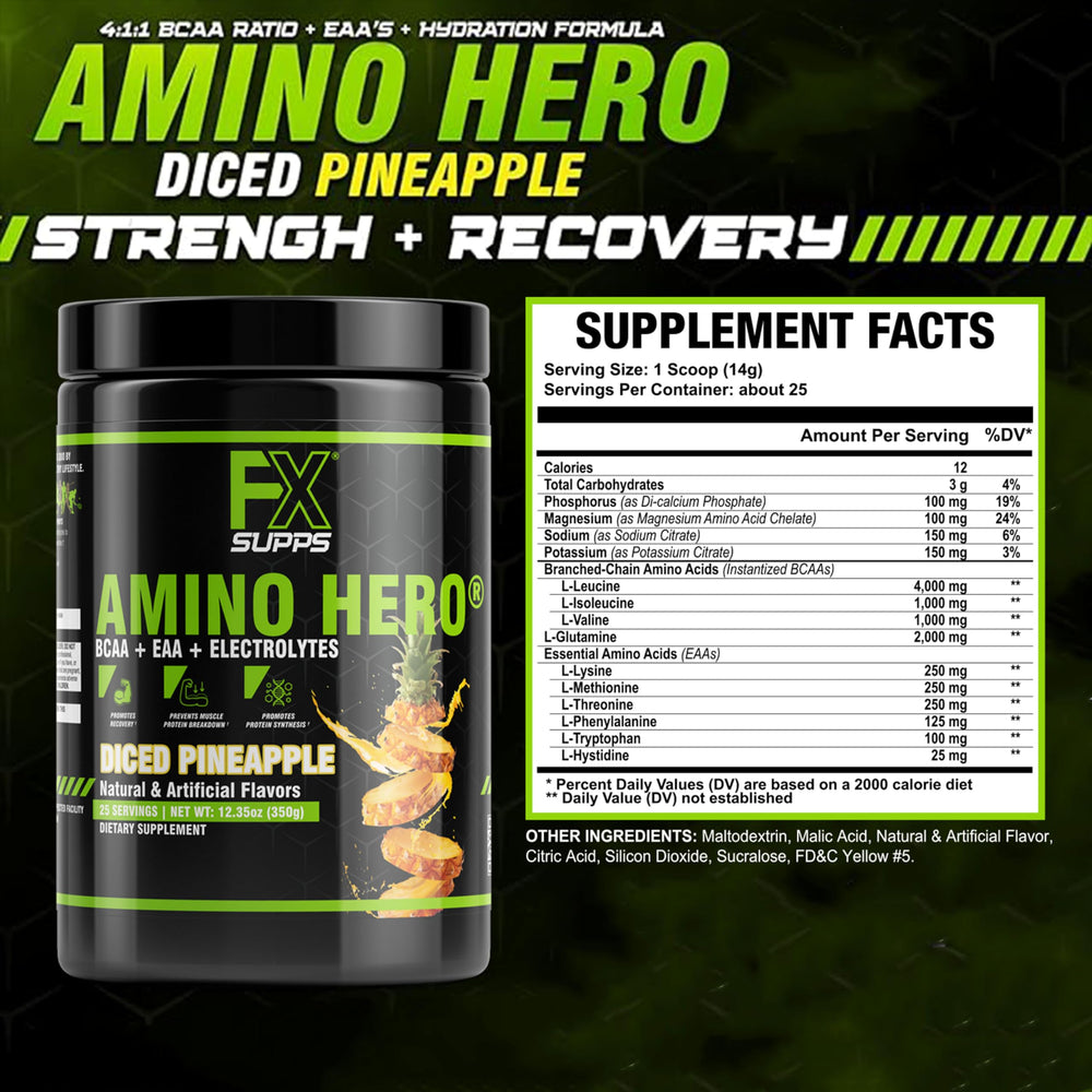 Scoop of FXSUPPS Amino Hero pineapple powder ready to mix