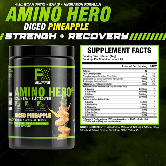 Scoop of FXSUPPS Amino Hero pineapple powder ready to mix