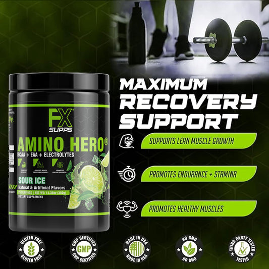 Close-up glass with Amino Hero Sour Ice showing refreshing, energizing post-workout hydration.