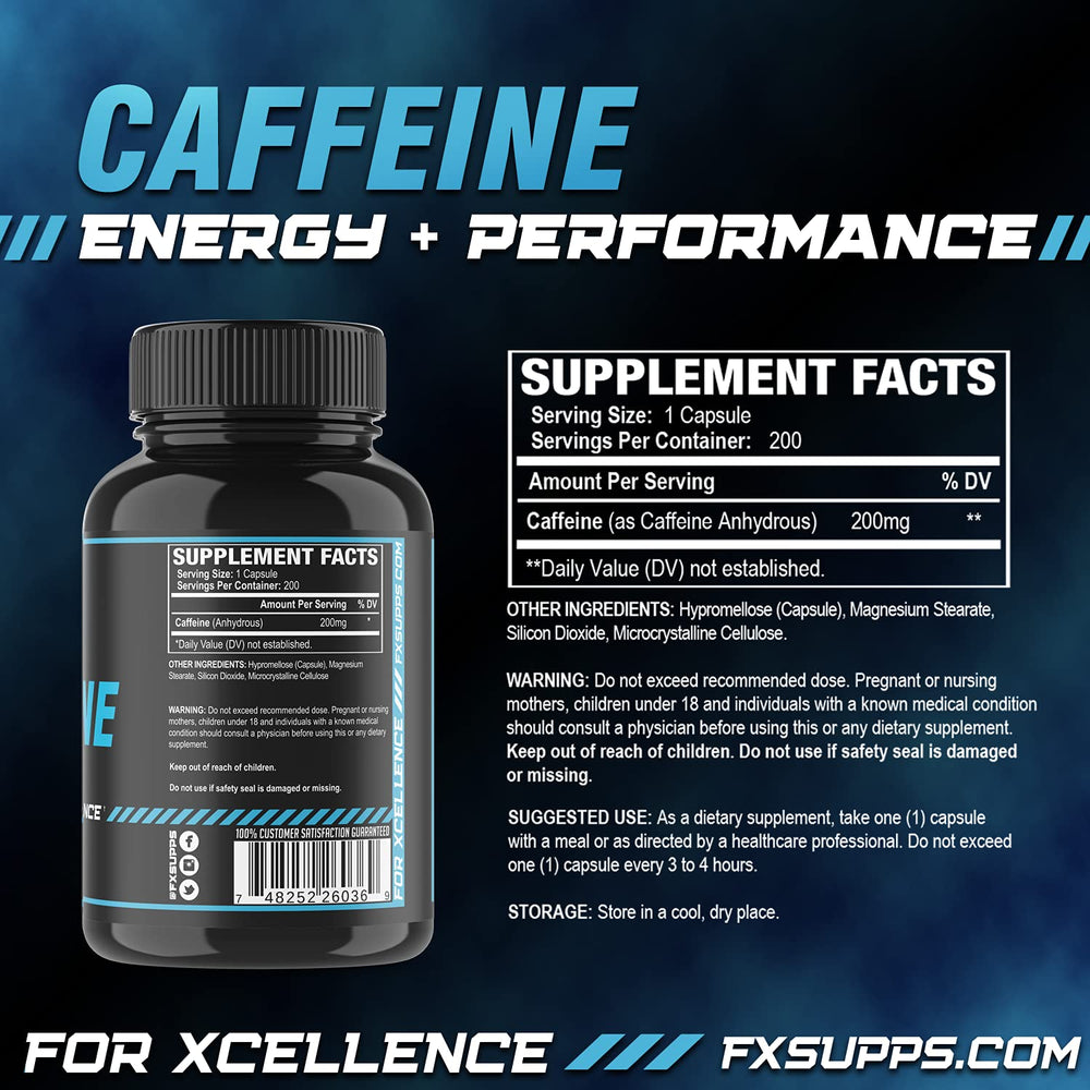 FX SUPPS Caffeine Pills 3-pack packaging highlights convenience and daily use.