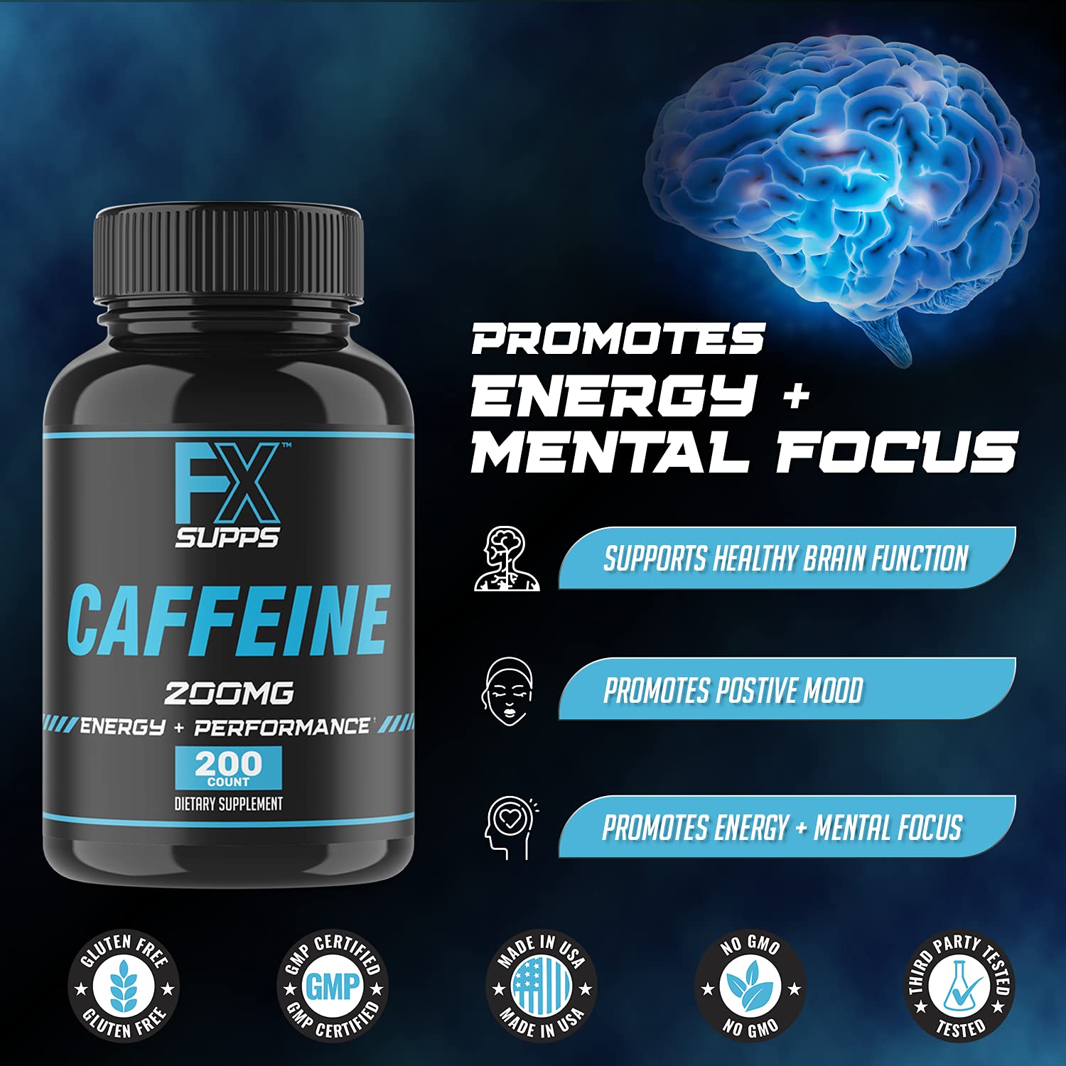 FXSUPPS caffeine pills label highlights GMP-certified purity and quality.