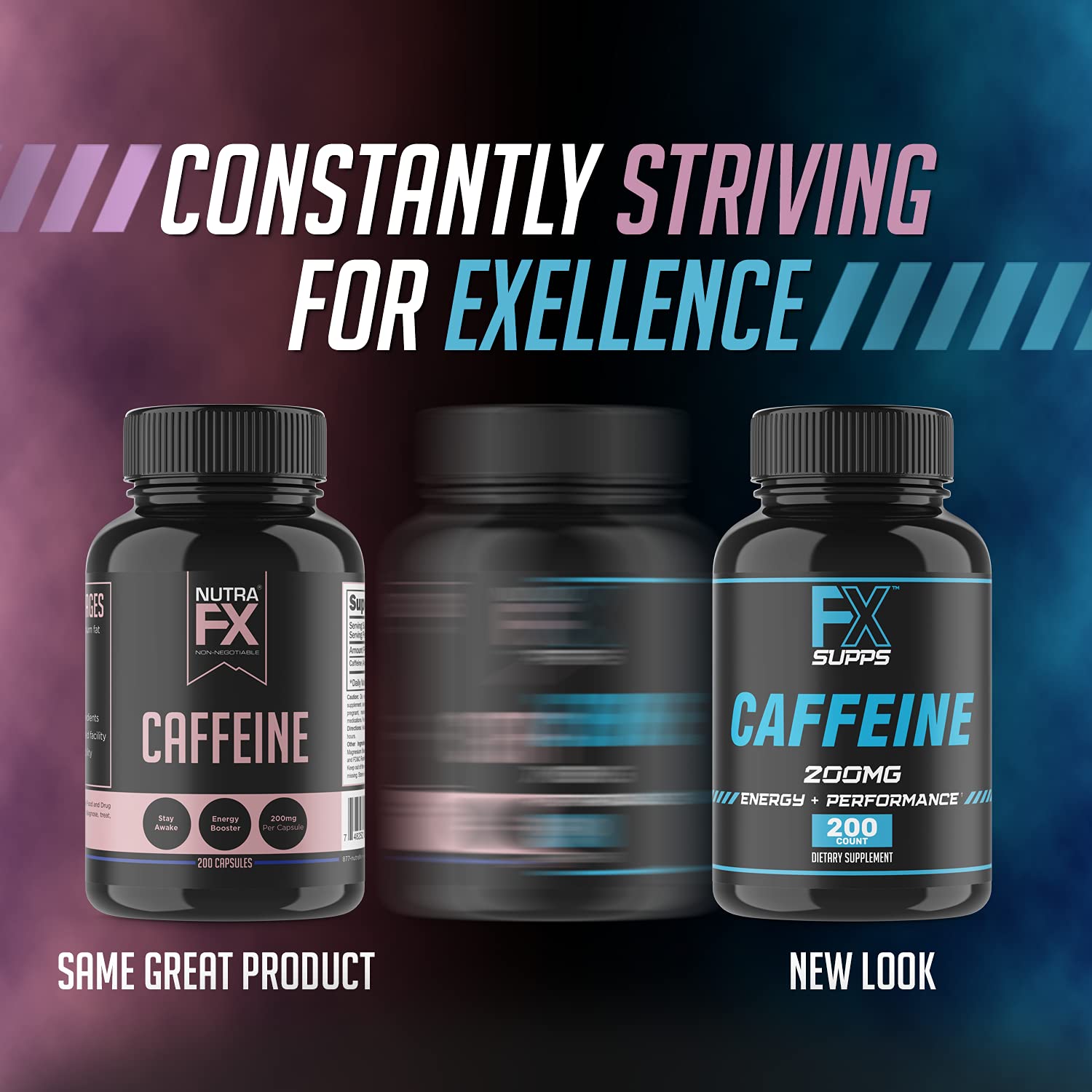 FXSUPPS caffeine pills product shot with clear dosing and packaging.