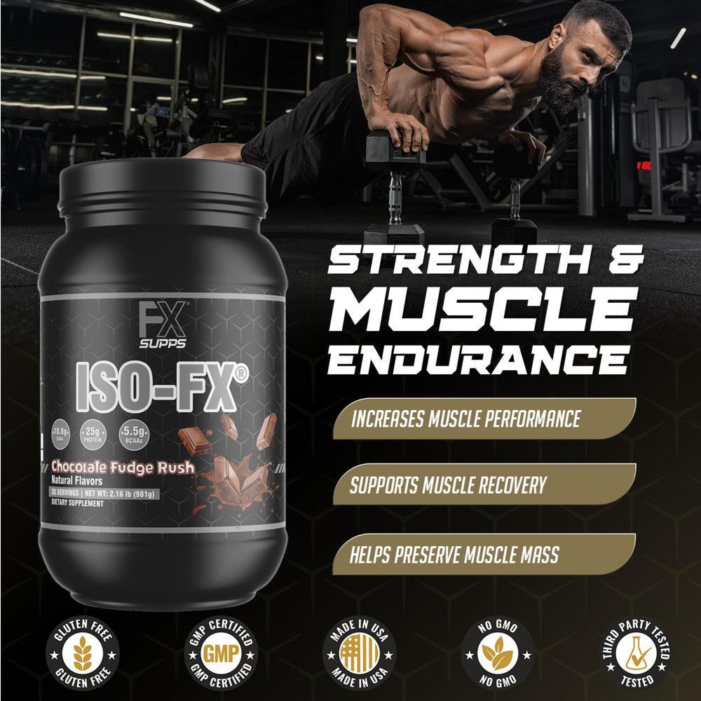 FXSUPPS Iso-Fx scoop in glass demonstrates fast-absorbing protein for lean muscle.