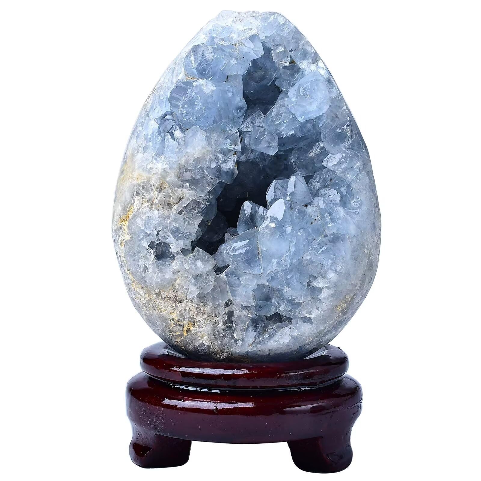 FZBHRO blue celestite geode egg with stand on display, calming desk aesthetic.