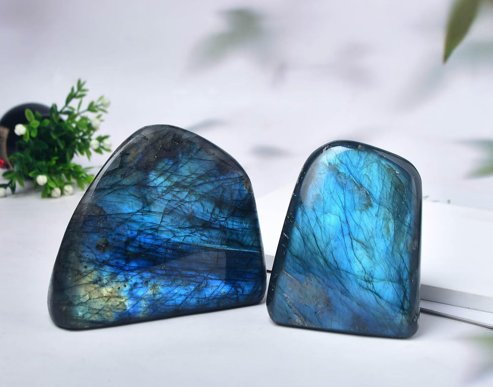 Blue iridescence on the FZBHRO Labradorite slab adds depth to meditation spaces