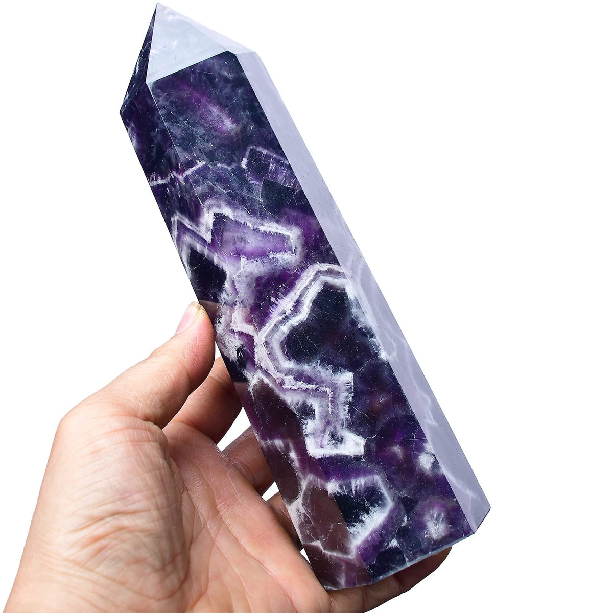FZBHRO Chevron Amethyst wand, 6-faceted quartz point for meditation and enhanced focus.