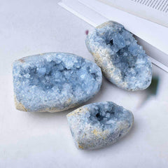 FZBHRO close-up blue celestite crystal highlights soft tranquil light