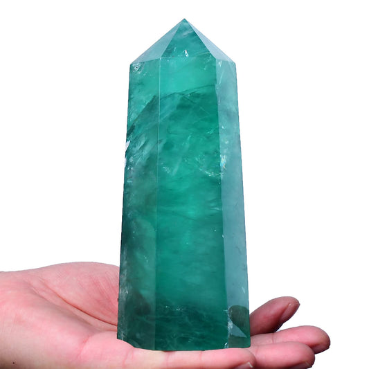 FZBHRO Green Fluorite Quartz Tower close-up highlights natural textures and depth.