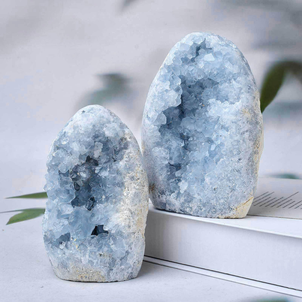 FZBHRO pale blue celestite geode close-up for meditation space