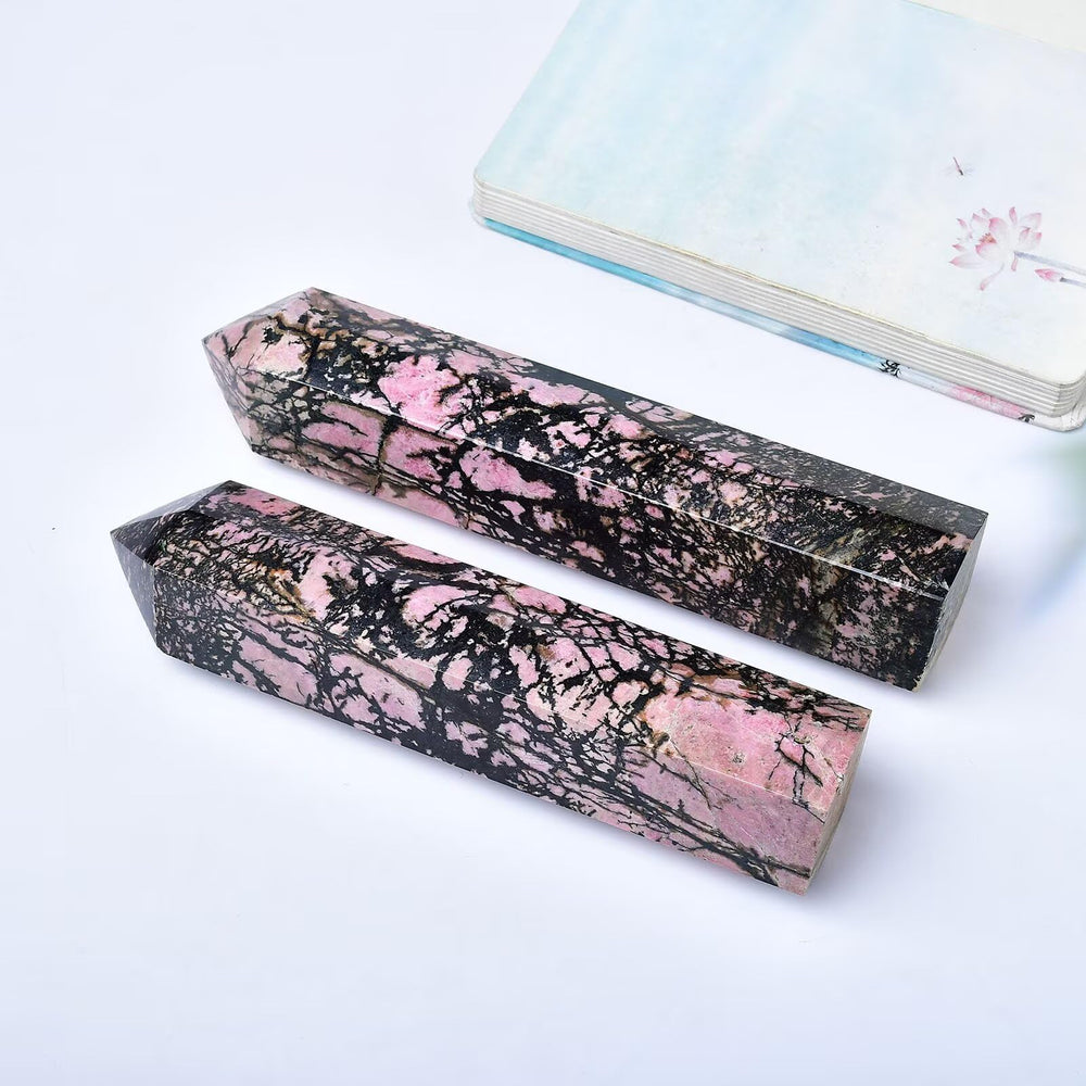 FZBHRO Rhodonite wand large crystal point for directing energy during practice.