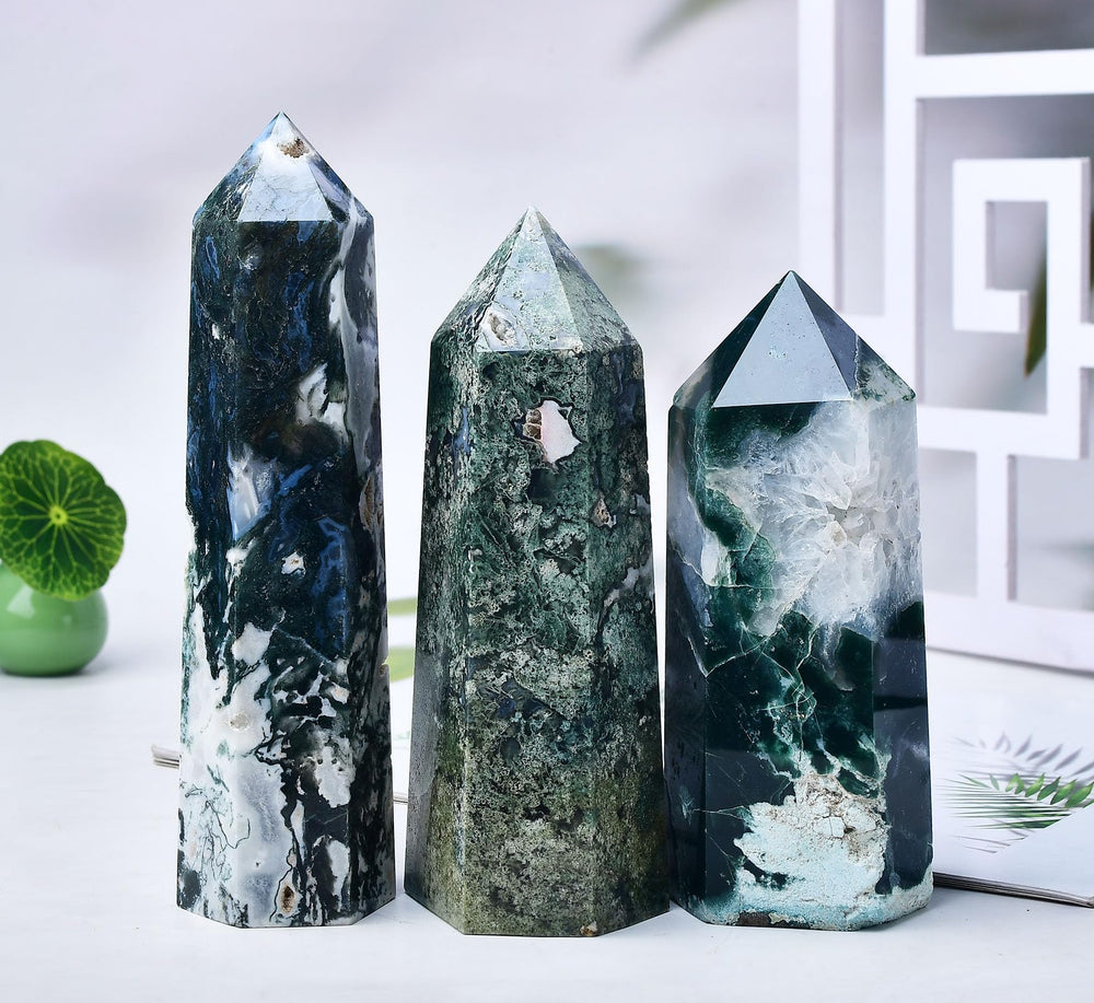 FZBHRO moss agate tower six facets highlights geometric symmetry for energy focus.