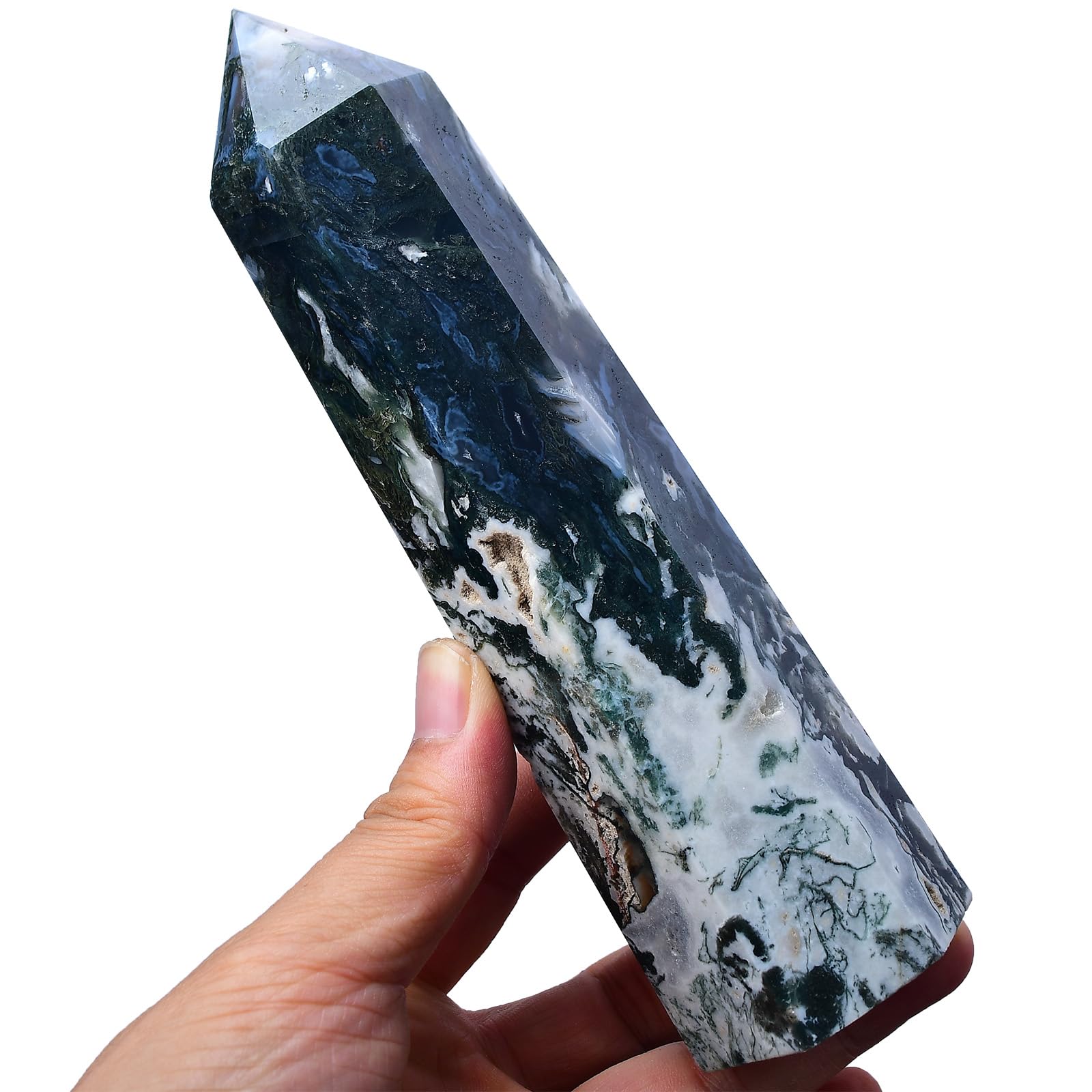 FZBHRO moss agate tower, front view, enhances meditation ambiance.