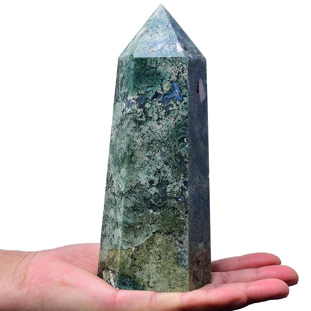 FZBHRO moss agate tower, side profile for serene desk decor and focus.