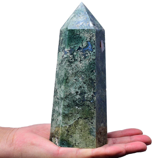 FZBHRO moss agate tower, side profile for serene desk decor and focus.