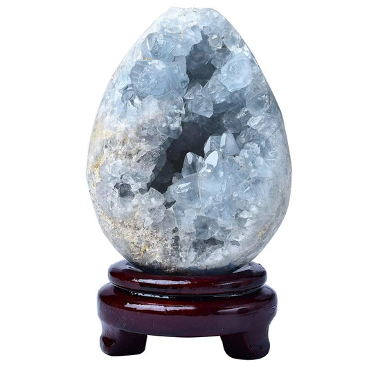FZBHRO Celestite Geode Egg on wooden stand adds calming blue glow to your desk decor.