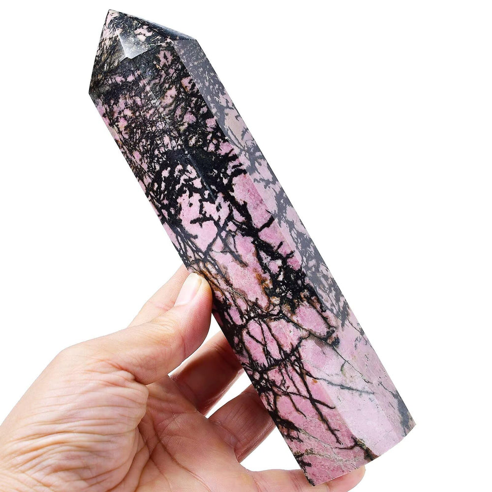 FZBHRO Rhodonite tower – six-faceted crystal point for focused meditation.