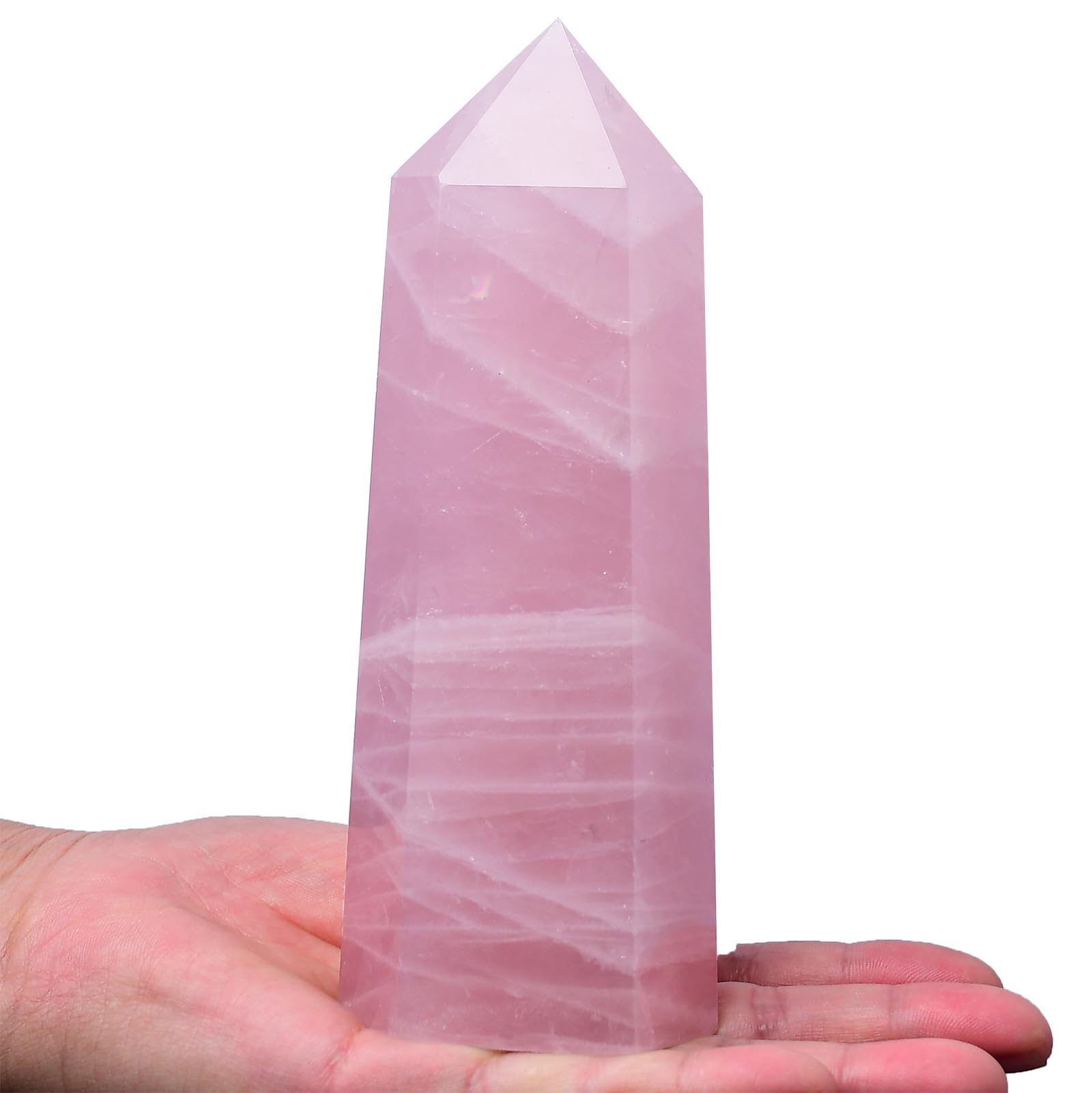 FZBHRO rose quartz tower, pink six-faceted obelisk, ideal for meditation.