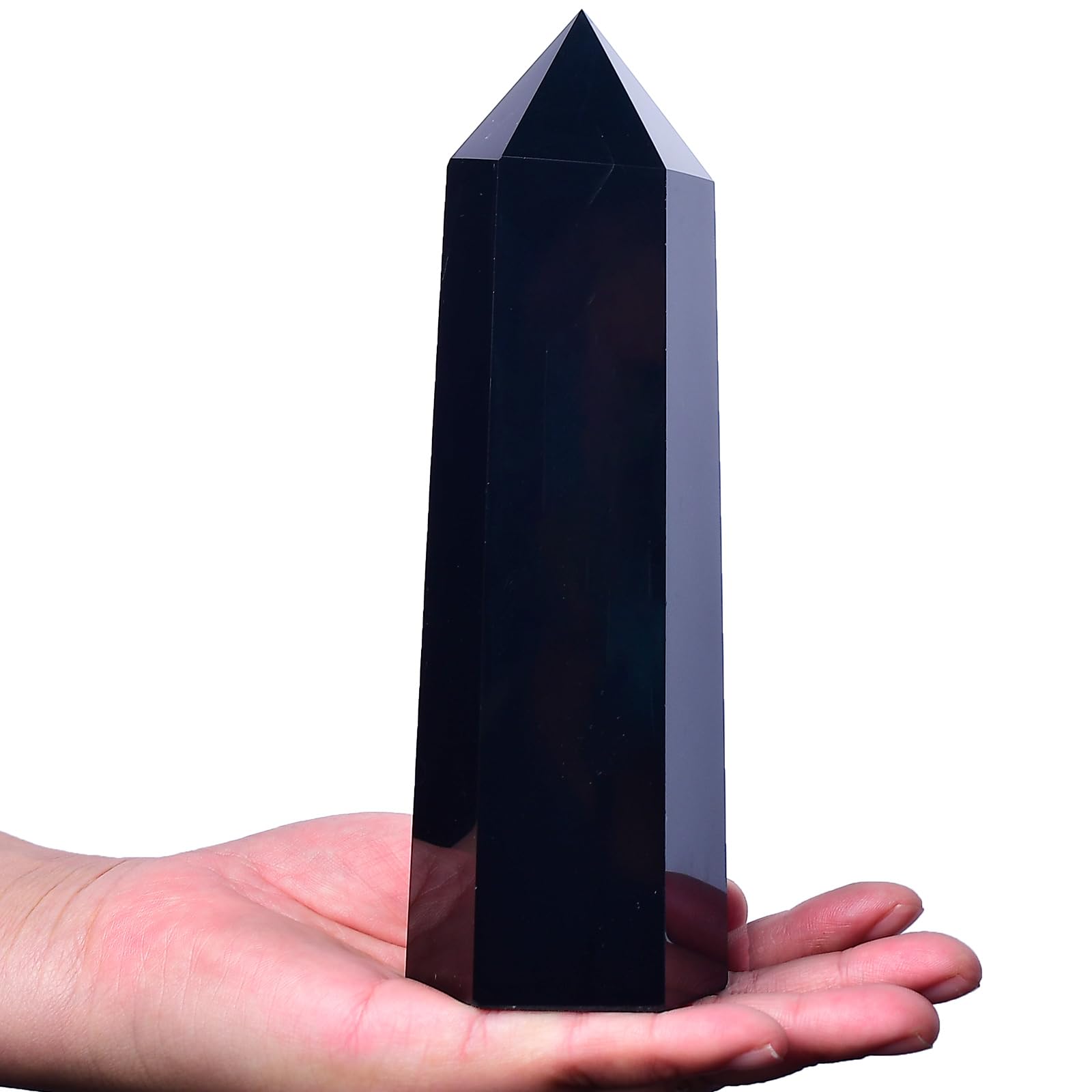 FZBHRO black obsidian towers with a 6-faceted crystal point for meditation