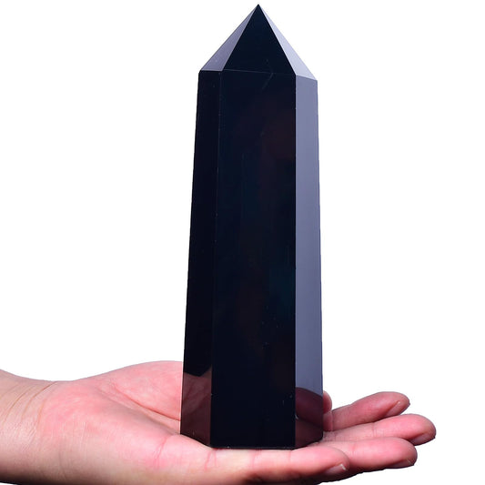 FZBHRO black obsidian towers with a 6-faceted crystal point for meditation