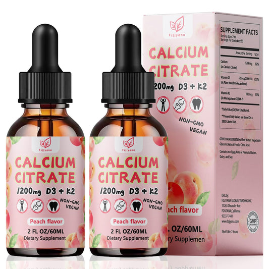 Fzjjyana liquid calcium citrate 1200 mg peach bottle for daily bone support.