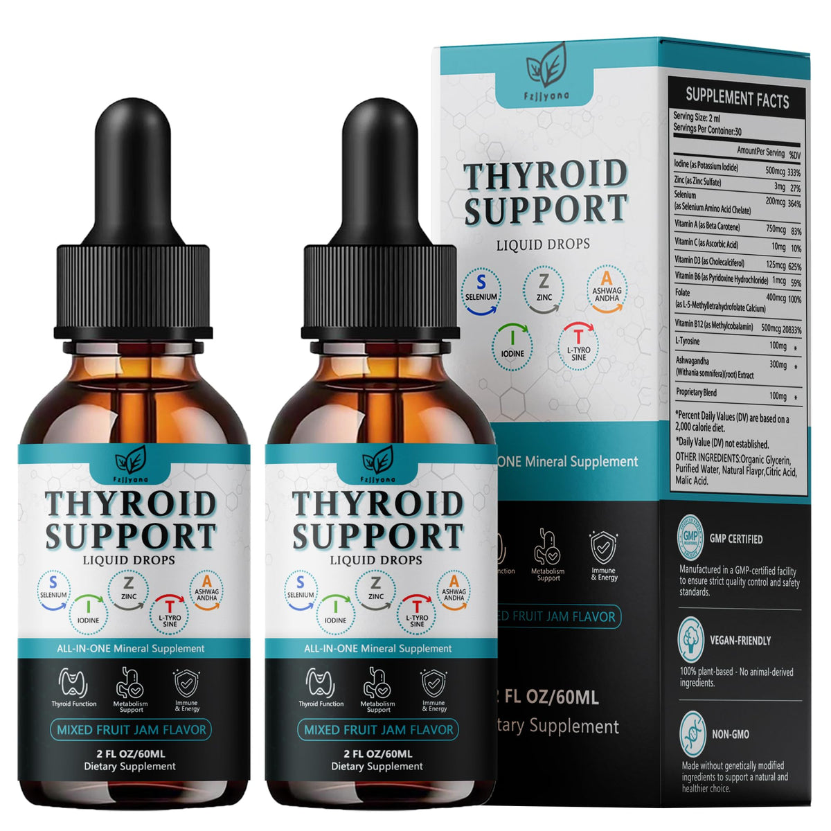 Fzjjyana Thyroid Drops bottle and 4 oz packaging for easy daily use.