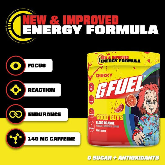 G Fuel Chucky Good Guys 2.0 label art shows sugar free energy and antioxidants