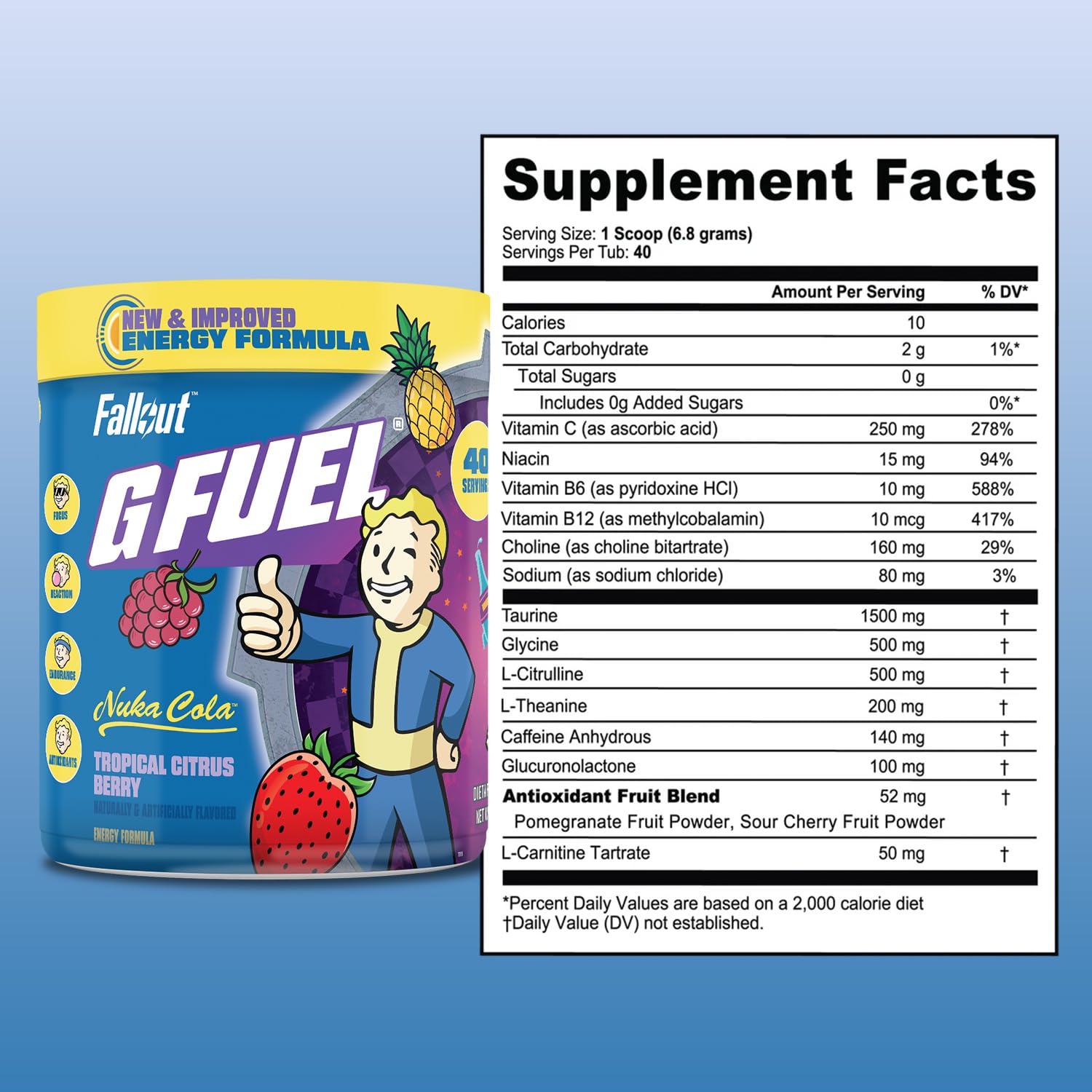 Bottle pouring G Fuel Nuka Cola 2.0 sugar-free formula for clean energy
