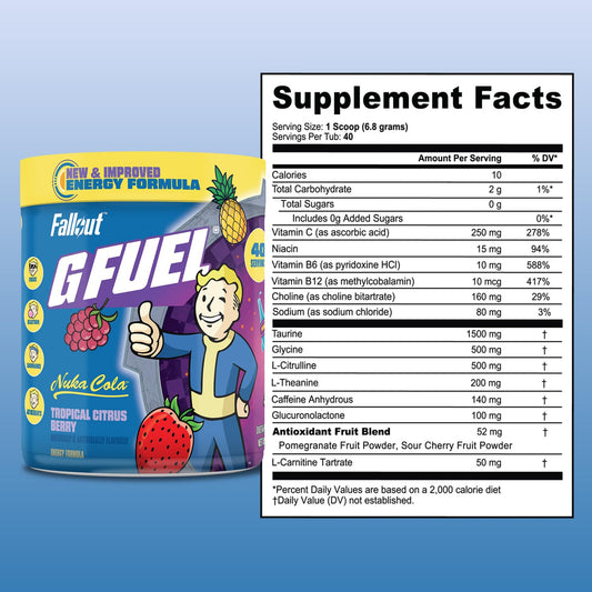 Bottle pouring G Fuel Nuka Cola 2.0 sugar-free formula for clean energy